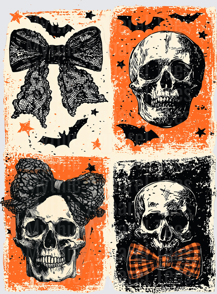 Distressed Halloween Four-Panel Skull Collage with Lace Bow Bats and Plaid Bowtie on Grunge Orange and Black Background