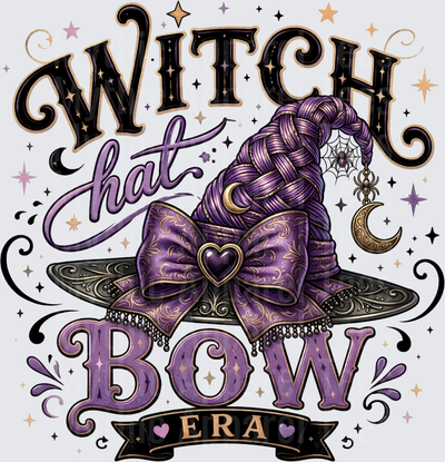 Witch Hat Bow Era Purple Halloween Witch Hat with Ornate Bow Moon and Spider Charms Spooky Glam Typography Design