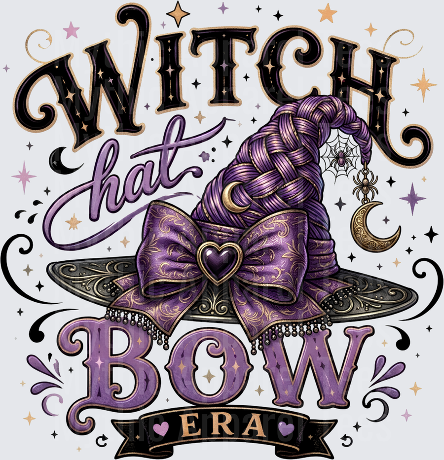 Witch Hat Bow Era Purple Halloween Witch Hat with Ornate Bow Moon and Spider Charms Spooky Glam Typography Design