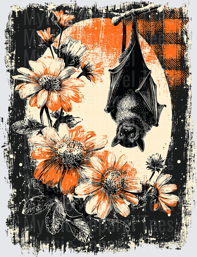 Distressed Halloween Hanging Bat with Orange Wildflowers and Full Moon on Buffalo Plaid Grunge Background