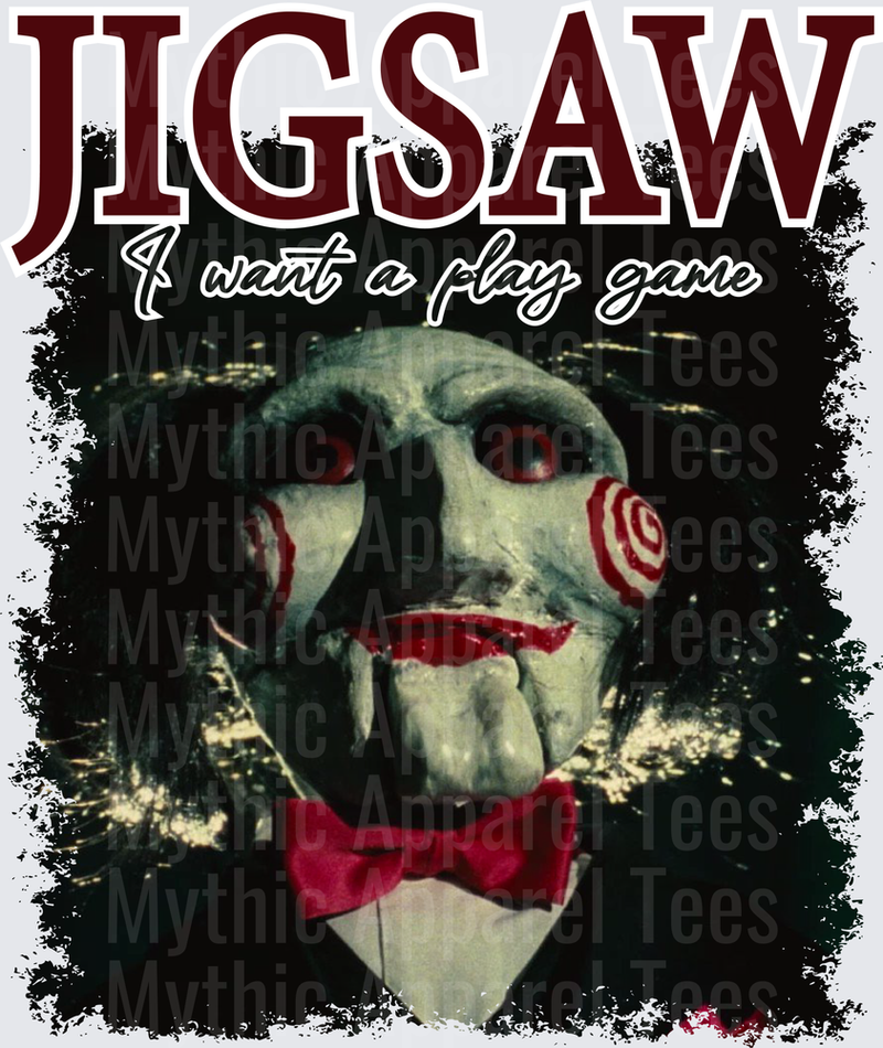 Jigsaw Billy the Puppet Saw Horror I Want To Play A Game Red Spiral Cheeks Dark Distressed Portrait