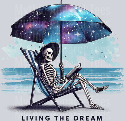 Living the dream skull girl on beach with umbrella DTF Skull Transfers
