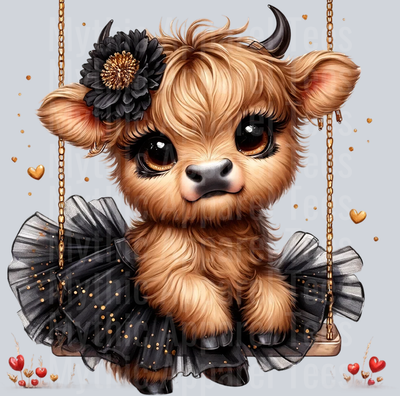 Cute Highland Cow Baby Black and red flowers with swing DTF Precious Highland Cow Transfers