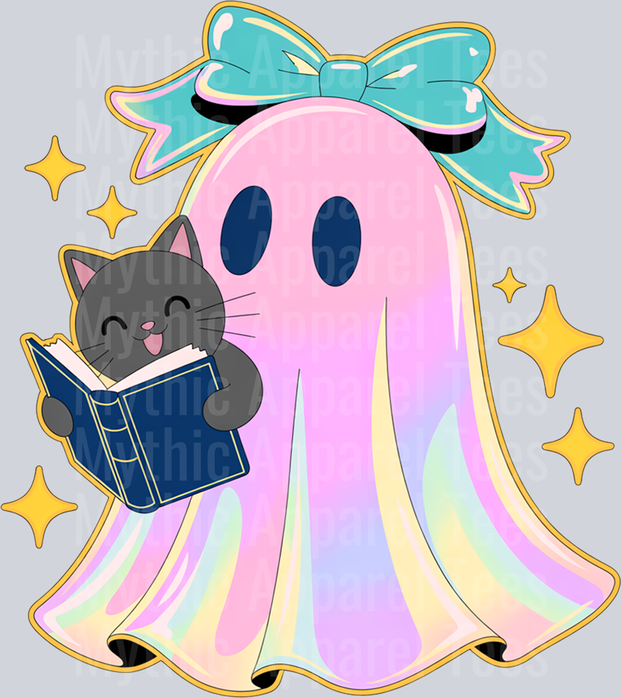 Halloween Iridescent Ghost Book Cat Sublimation Clipart_processed