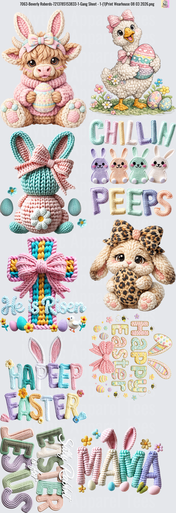 Gang Sheet FULL SIZE DESIGNS Cute Kawaii Easter Animals with Bunny Ears and Spring Text
