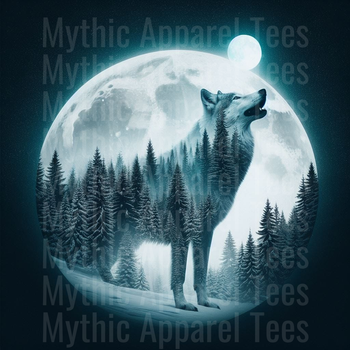 White Wolf Howling at Full Moon Double Exposure Winter Pine Forest Night Sky