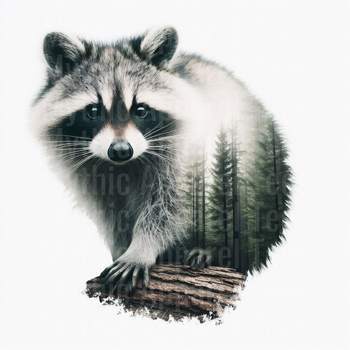 Raccoon Double Exposure with Misty Pine Forest and Rustic Log Nature Portrait