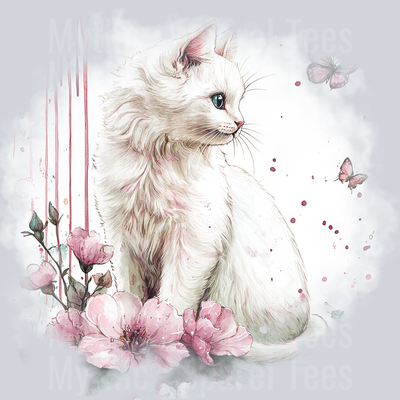 White cat with pink flowers cute DTF Cat Transfers