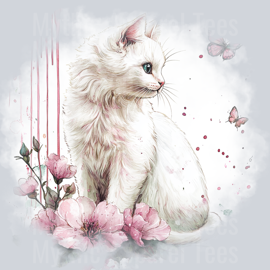 White cat with pink flowers cute DTF Cat Transfers
