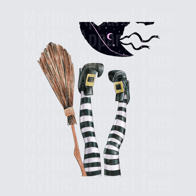 Witch Legs Black and White Striped Stockings Buckle Shoes Broomstick Halloween Moon Watercolor