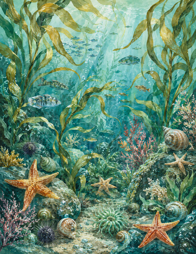 Ocean Animals Kelp Forest Watercolor Seabed Scene Starfish