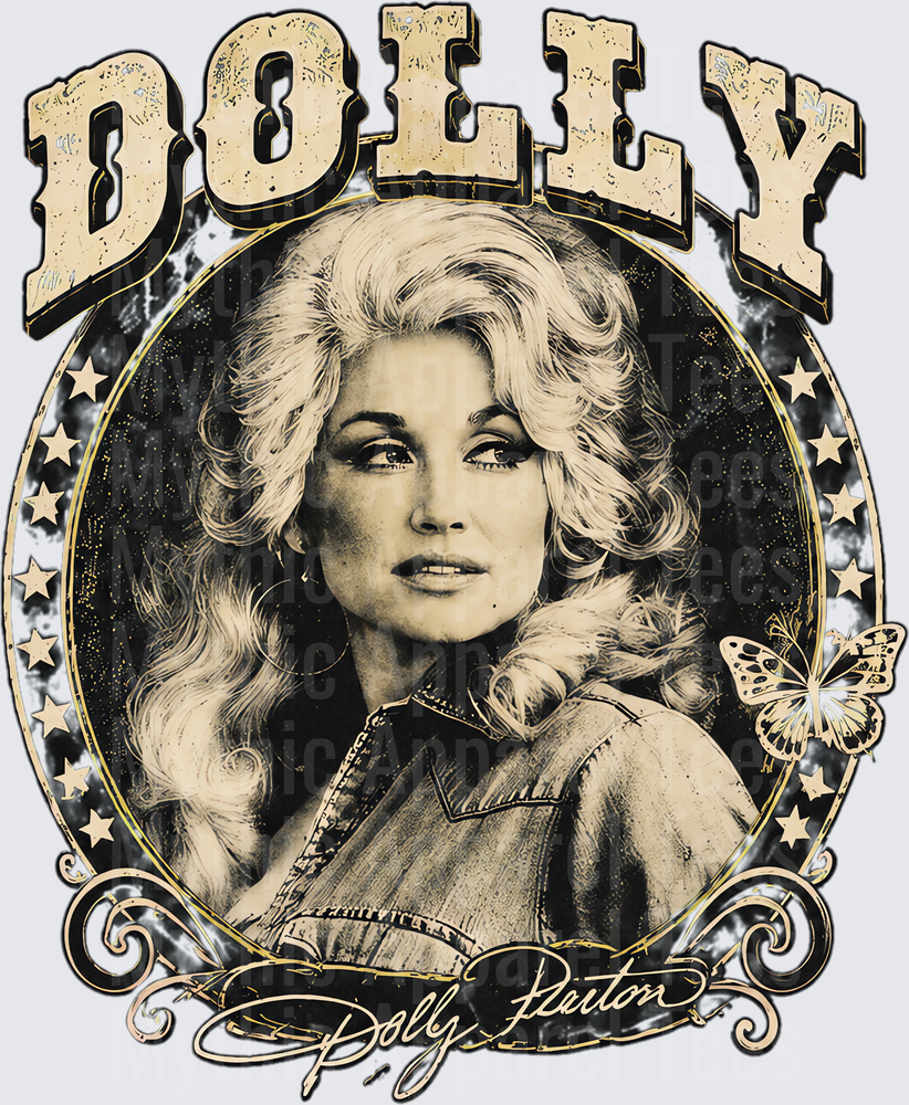Dolly Parton Vintage Sepia Portrait with Stars and Butterfly Western Style Graphic