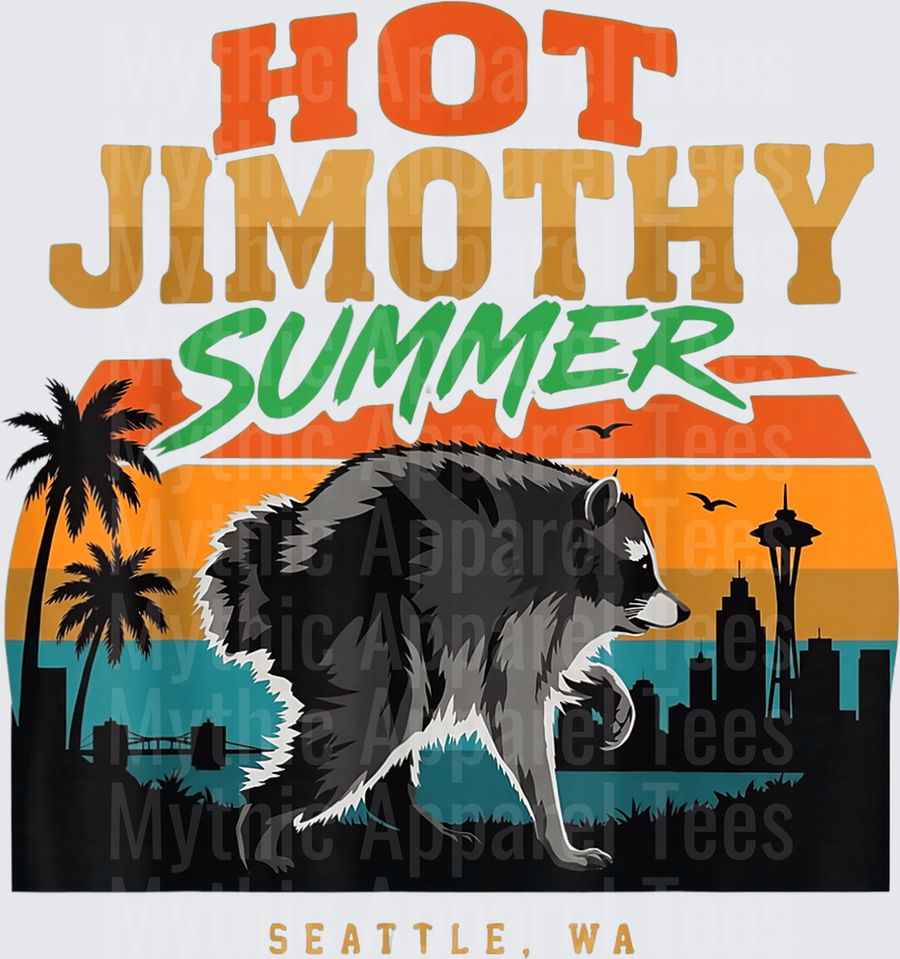 Jimothy Hot Summer Seattle WA Raccoon Skyline Retro Sunset