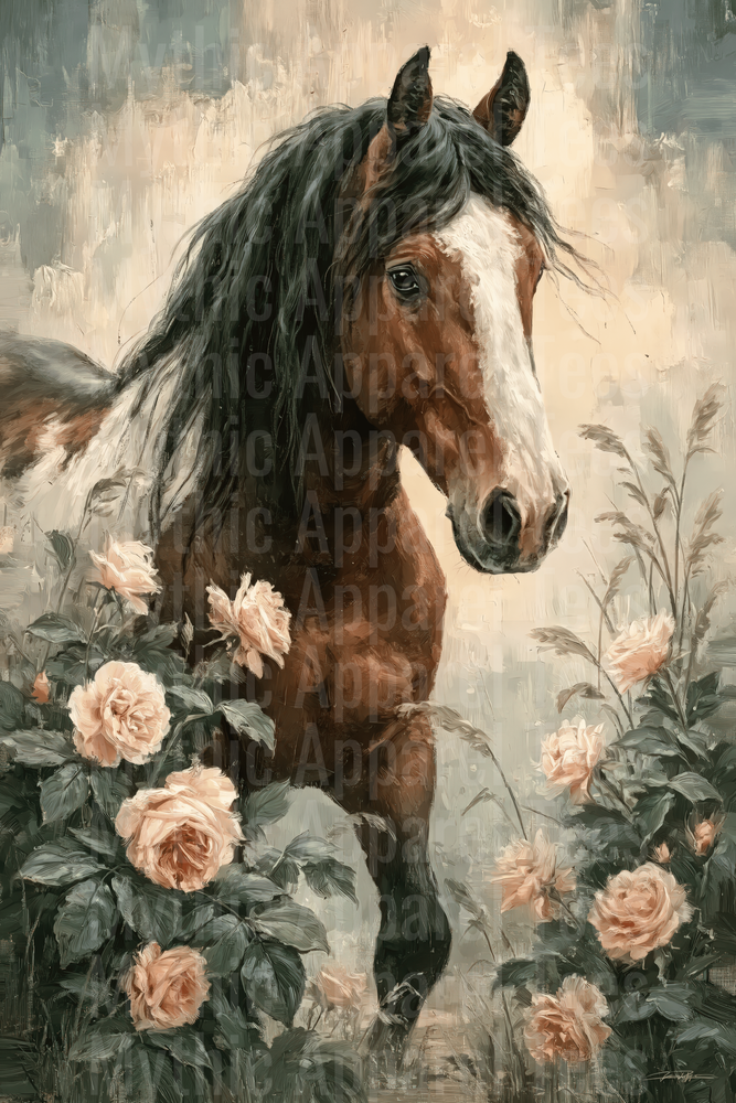 Majestic Brown Paint Horse with Black Mane Surrounded by Blush Pink Roses Vintage Oil Painting Style