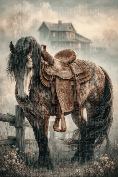 Dapple Gray Horse with Ornate Tooled Western Saddle by Rustic Fence and Misty Farmhouse