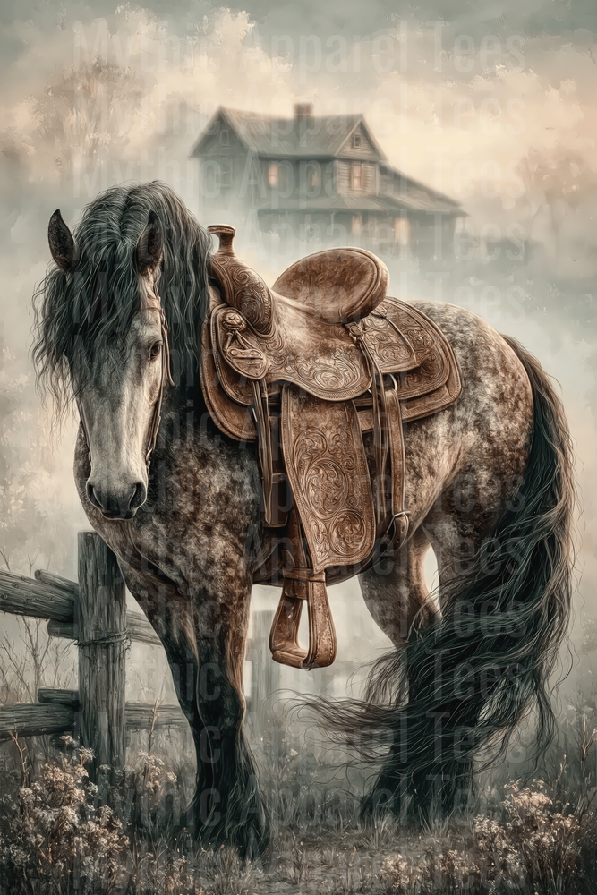 Dapple Gray Horse with Ornate Tooled Western Saddle by Rustic Fence and Misty Farmhouse