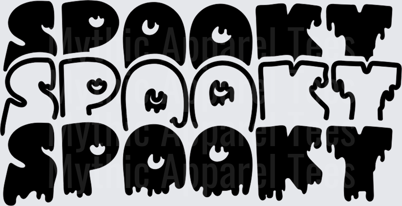 Spooky Spooky Spooky Dripping Ghost Face Bubble Letter Halloween Typography Triple Repeat Text Design Black