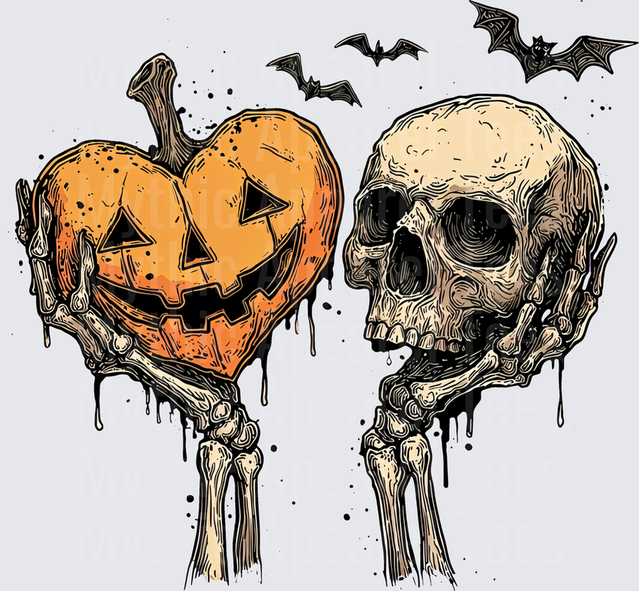 Skeleton Hands Holding Heart Shaped Jack-O-Lantern and Dripping Skull with Flying Bats Halloween Gothic Horror