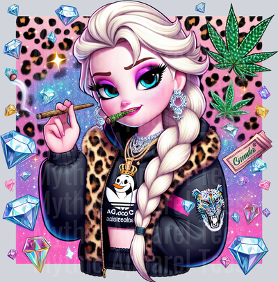 Elsa Gangster Cheeta Print Jewels Smoking Weed DTF Weed Transfers