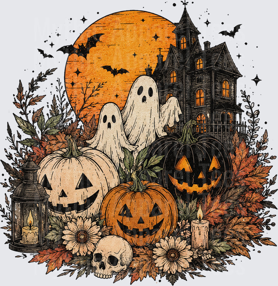 Halloween Haunted House Ghosts Pumpkins Skull Full Moon