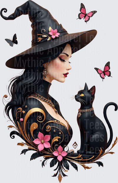 Elegant Dark Witch with Black Cat Pink Flowers Gold Swirls and Butterflies