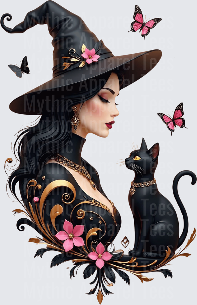 Elegant Dark Witch with Black Cat Pink Flowers Gold Swirls and Butterflies