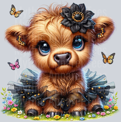 Cute Highland Cow Baby Butterfly black DTF Precious Highland Cow Transfers