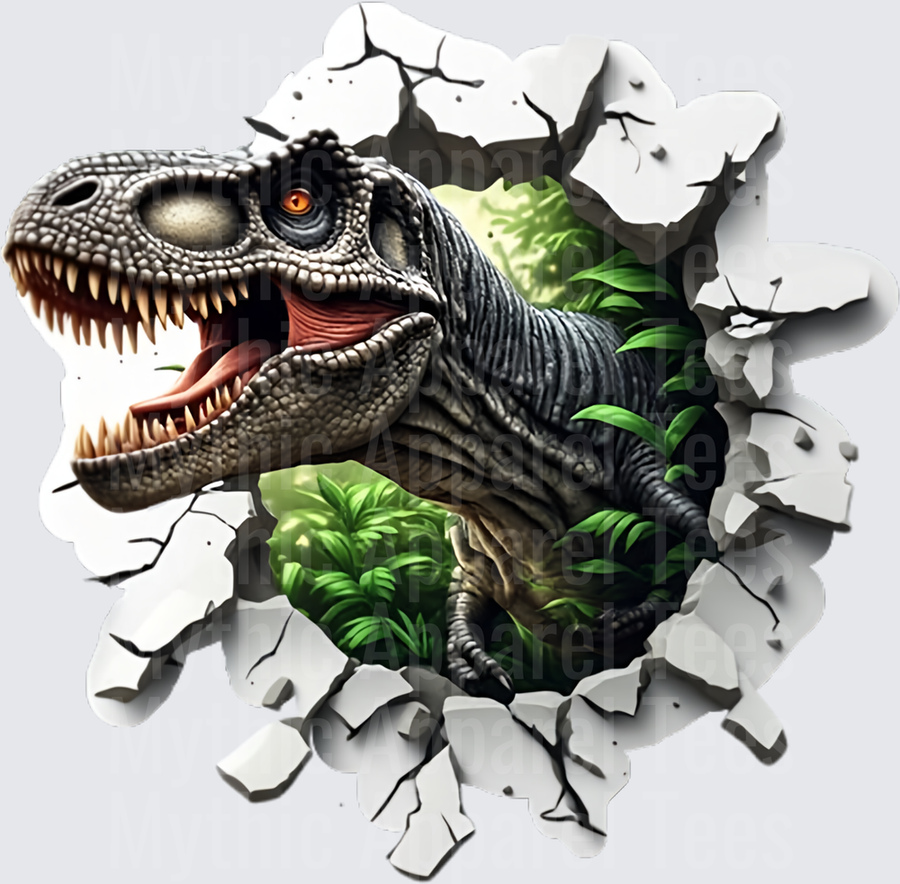 Ferocious T-Rex Bursting Through Cracked Wall Jungle Breakout 3D Effect