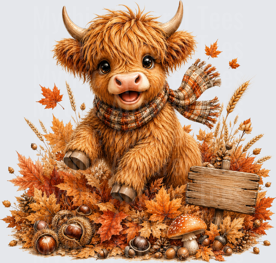 Cute Baby Highland Cow Autumn Fall Leaves Plaid Scarf Acorns Mushroom Wooden Sign