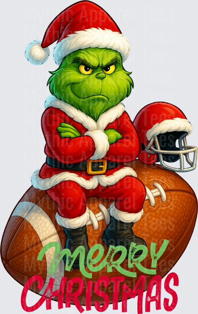 Grinch Football Grinch Santa Suit Sitting on Football Holding Helmet Arms Crossed Merry Christmas Design