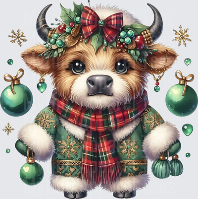 Highland Christmas Cow with Plaid Scarf and Green Ornaments