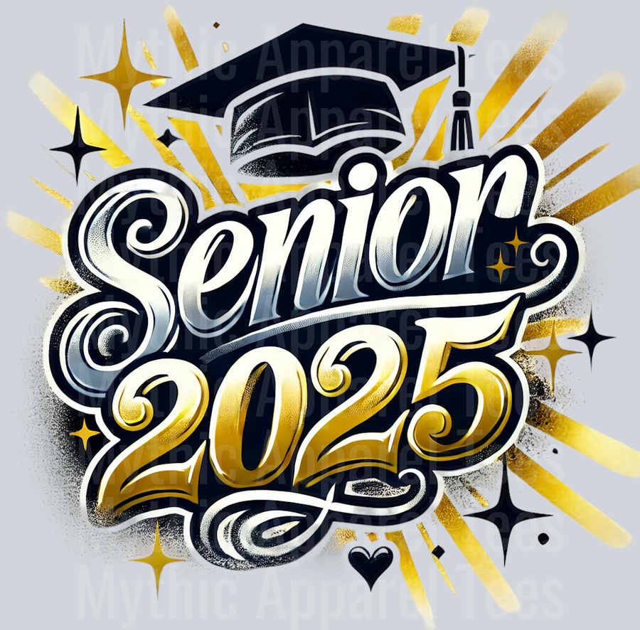 009 Senior 2025 Airbrushed Black and Gold DTF 2025 Senior Graduation Transfers