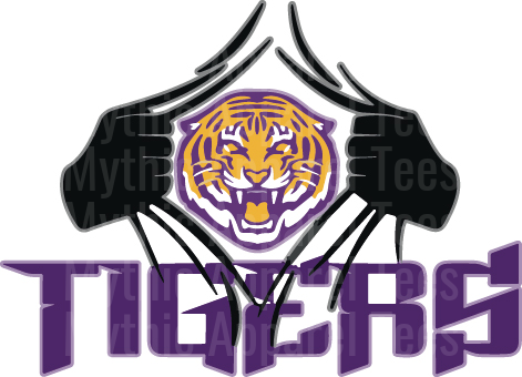 LSU Tigers Ripping Open Jersey Chest Logo Purple and Gold Tiger Face Mascot Spirit Design