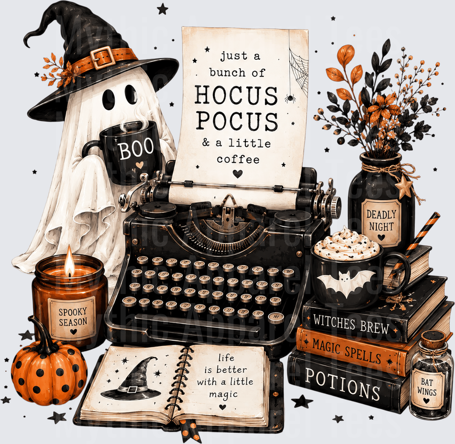 Halloween Ghost Witch Hocus Pocus Coffee Typewriter Scene