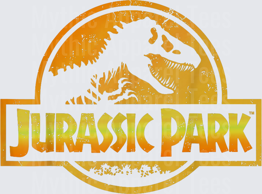Jurassic Park Classic Logo Distressed Orange Gold Gradient T-Rex Skeleton Circle Emblem