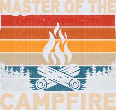 Master of the Campfire Retro Stripe Bonfire Logs Forest Silhouette Vintage Outdoor Camping