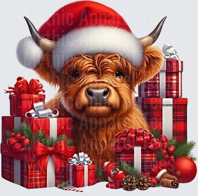 Highland Christmas Cow Santa Hat Surrounded by Red Plaid Gifts