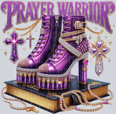 Boots with high heels on bible Purple Prayer Warrior DTF Religious Transfers