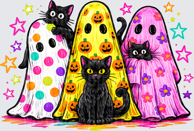 Halloween Black Cats Peeking Colorful Ghost Trio Stars