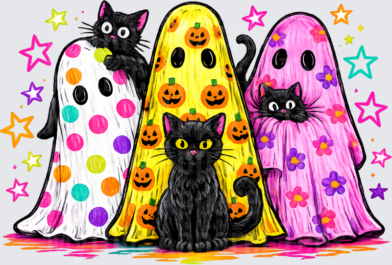 Halloween Black Cats Peeking Colorful Ghost Trio Stars