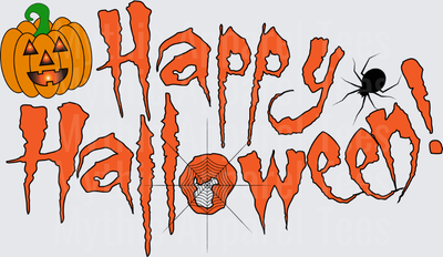Happy Halloween Dripping Orange Text with Jack-O-Lantern Spider and Spiderweb