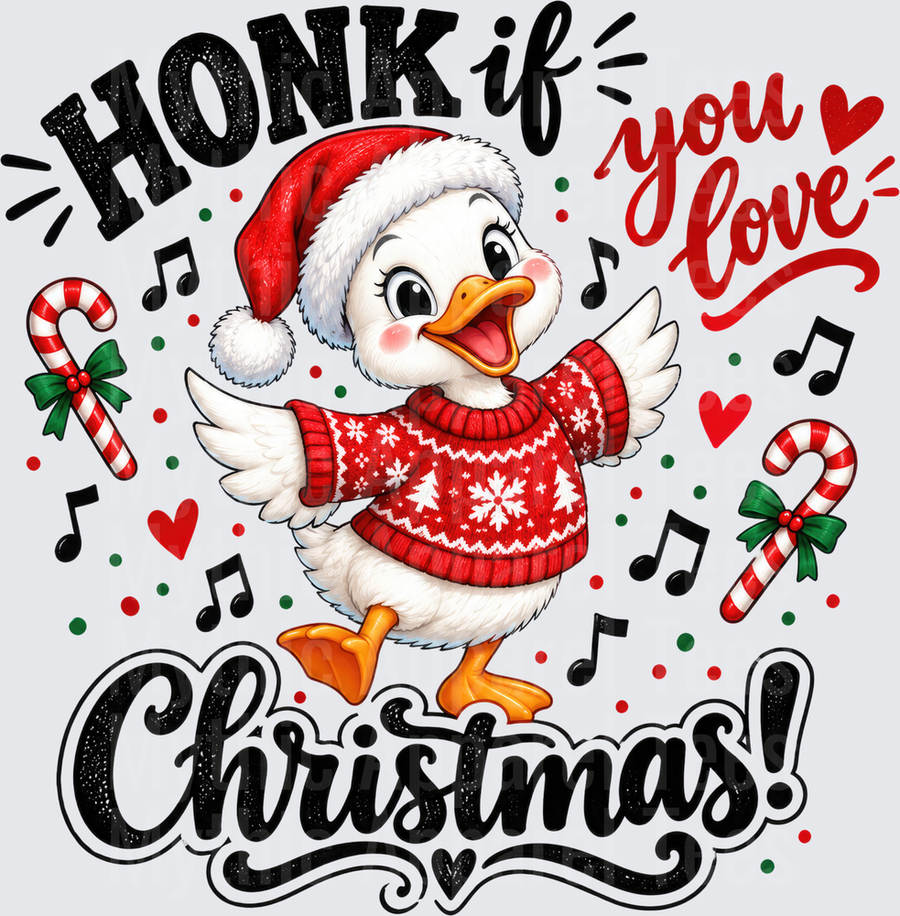 Honk If You Love Christmas Dancing Duck Santa Hat Ugly Sweater Holiday Design with Candy Canes and Music Notes