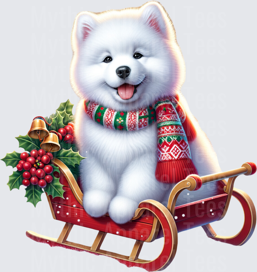 Fluffy White Samoyed Puppy Wearing Festive Fair Isle Scarf Riding Red Christmas Sleigh with Holly Bells