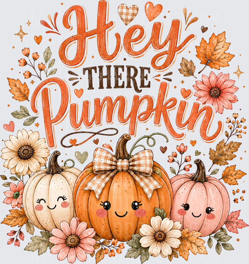 Hey There Pumpkin Cute Kawaii Fall Pumpkin Trio with Autumn Florals and Gingham Bow