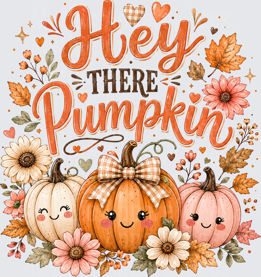 Hey There Pumpkin Cute Kawaii Fall Pumpkin Trio with Autumn Florals and Gingham Bow