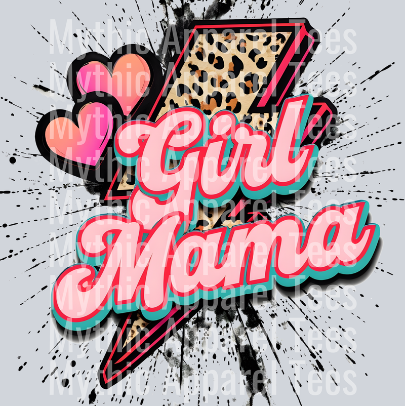 Girl Mama Ink Splatter Cheeta Print lightning bolt and hearts -- Motherhood Transfer