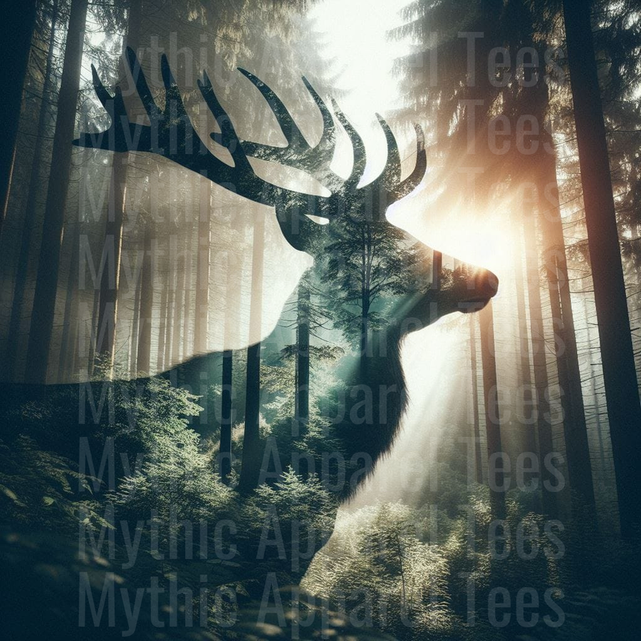 Double Exposure Buck Silhouette With Misty Pine Forest and Sun Rays