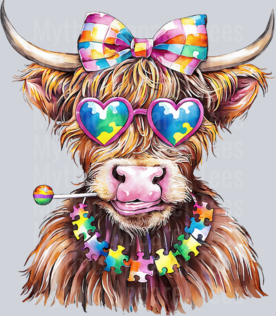 Autism Awareness Highland Cow with Puzzle necklace DTF Highland Cow Transfers