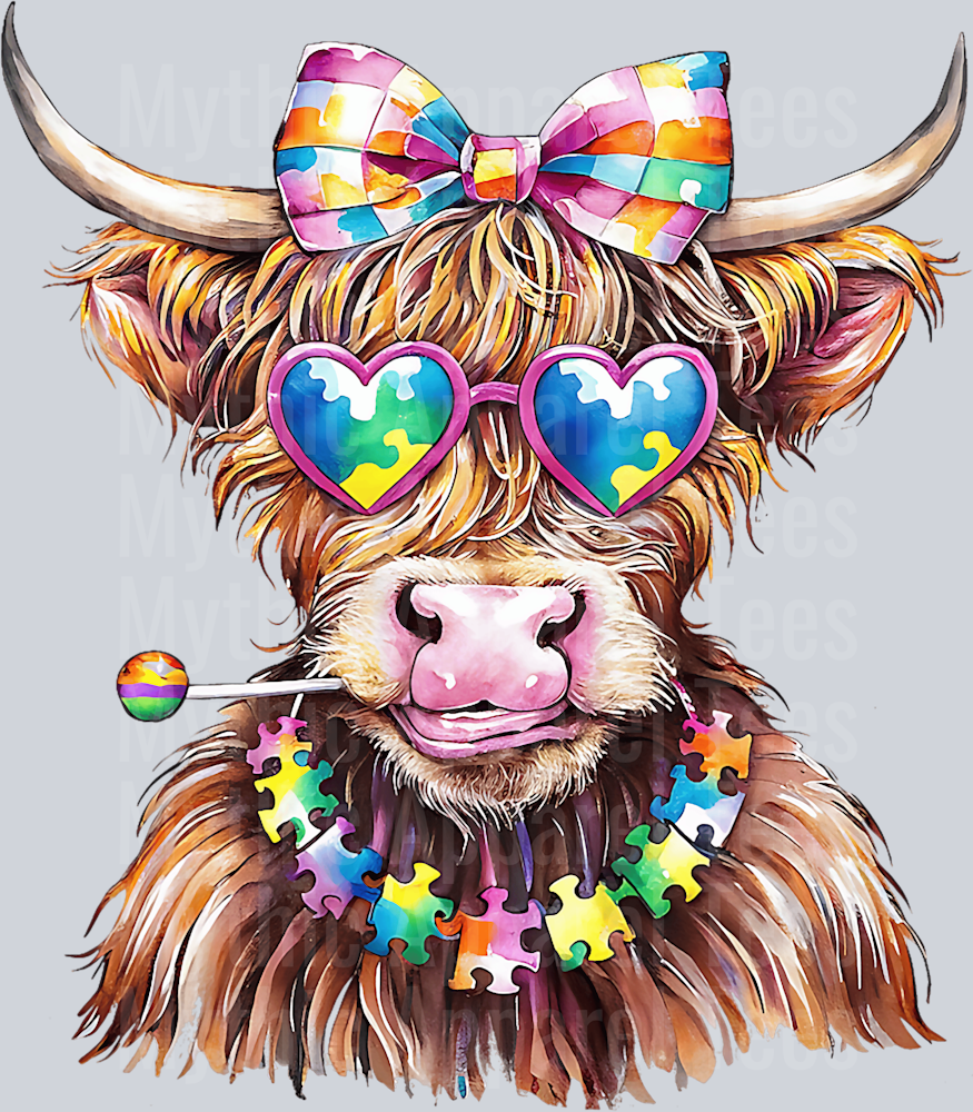 Autism Awareness Highland Cow with Puzzle necklace DTF Highland Cow Transfers