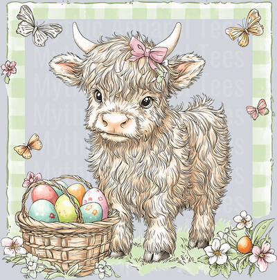Easter Curly Highland Cow with eggs and basket DTF Highland Cow Transfers